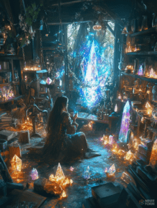 Mystical Alchemist's Sanctuary with Glowing Crystals Illuminating an Enchanted Workshop DND Digital Painting Wall Art 18 X 24 Inch Poster