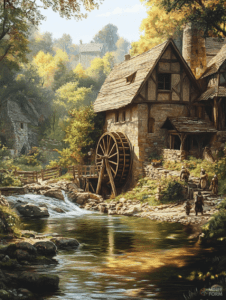 Charming Medieval Watermill by a Flowing Stream Amidst Sunlit Autumn Forest and Rustic Village Life DND Digital Painting Wall Art 18 X 24 Inch Poster