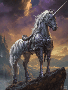 Regal Armored Unicorn Posed Majestically on a Rocky Cliff with a Backdrop of Majestic Mountains and a Dramatic Sunset Sky DND Digital Painting Wall Art 18 X 24 Inch Poster