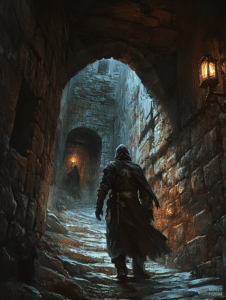 Shadowy Figure Climbing the Weathered Stone Steps of a Mysterious Medieval Passageway Illuminated by a Flickering Lantern DND Digital Painting Wall Art 18 X 24 Inch Poster