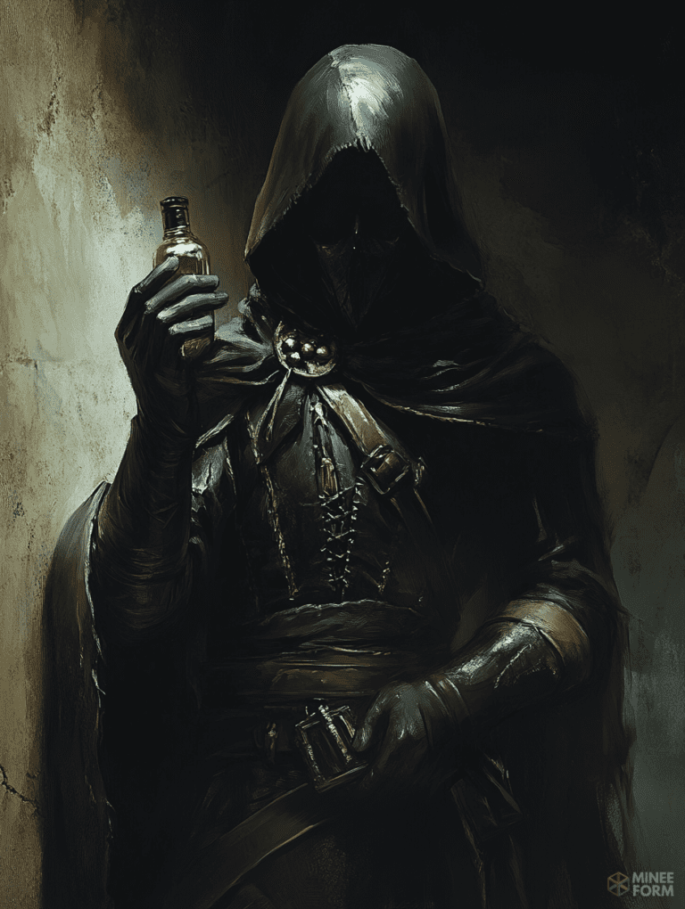 Mysterious Hooded Figure with Vial in Dimly Lit Stone Corridor DND Digital Painting Wall Art 18 X 24 Inch Poster