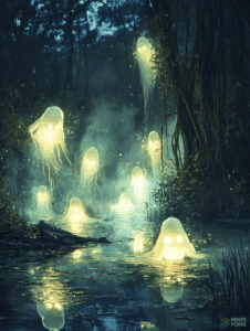 Ethereal Glow of Luminous Spirits Hovering Over a Misty Enchanted Forest Stream at Twilight DND Digital Painting Wall Art 18 X 24 Inch Poster