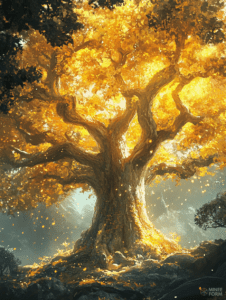 Majestic Golden Tree Illuminated by Ethereal Sunlight Amidst Enchanted Forest with Whispering Leaves and Glittering Particles DND Digital Painting Wall Art 18 X 24 Inch Poster