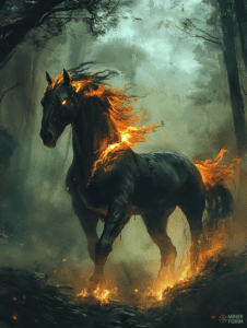 Fiery Spirit of the Enchanted Forest Stallion Emanating Flames Amidst Misty Woodland Shadows DND Digital Painting Wall Art 18 X 24 Inch Poster