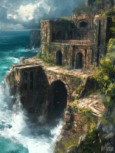 Ancient Cliffside Fortress Overlooking a Turbulent Sea with Stormy Skies and Verdant Overgrowth DND Digital Painting Wall Art 18 X 24 Inch Poster