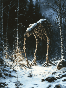 Ancient Skeleton Guardian Roaming a Snowy Enchanted Forest Under the Moonlit Night Sky DND Digital Painting Wall Art 18 X 24 Inch Poster