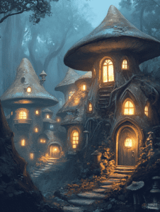 Enchanted Forest Village with Luminous Mushrooms and Warmly Lit Tree Houses at Twilight DND Digital Painting Wall Art 18 X 24 Inch Poster