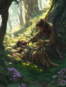 In the Tranquil Woodland a Caring Elf Tends to a Weary Traveler Amidst Vibrant Flowers and Dappled Sunlight DND Digital Painting Wall Art 18 X 24 Inch Poster