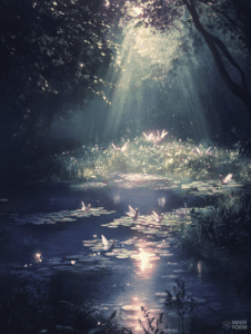 Enchanted Woodland Oasis with Glowing Fairies and Sunlit Lilies by a Serene Pond DND Digital Painting Wall Art 18 X 24 Inch Poster