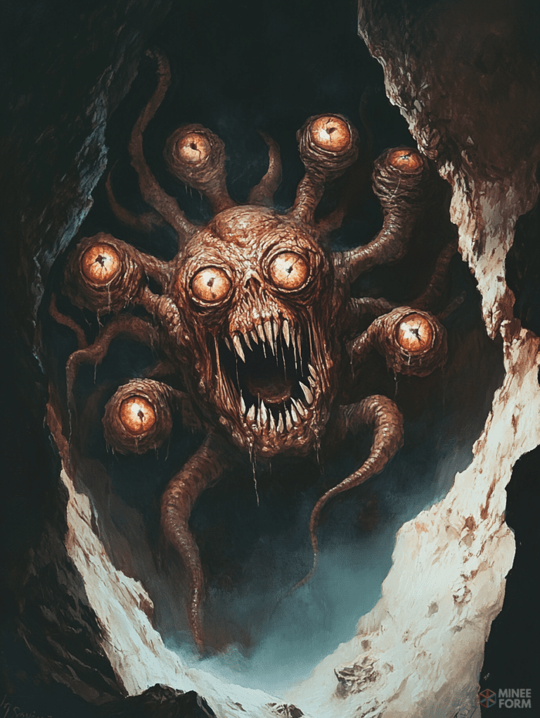 Monstrous Creature with Multiple Stalked Eyes and Menacing Fanged Mouth Emerging from Darkness of a Rocky Cave DND Digital Painting Wall Art 18 X 24 Inch Poster