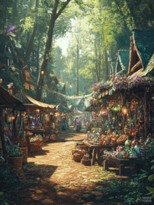 Enchanting Woodland Market Bustling with Mystical Vendors and Vibrant Displays on a Sunlit Cobblestone Path DND Digital Painting Wall Art 18 X 24 Inch Poster