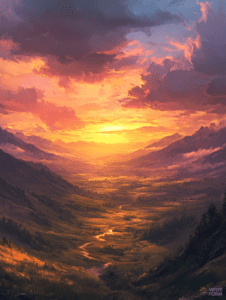 Radiant Sunlit Valley with a Serpentine Creek Winding Through Verdant Hills at Dusk Under a Majestic Sky Filled with Vibrant Orange and Purple Clouds DND Digital Painting Wall Art 18 X 24 Inch Poster