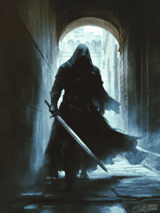 Enigmatic Hooded Figure Wielding Gleaming Sword in Shadowy Medieval Passageway with Mysterious Light Streaming Through Ancient Stone Archway DND Digital Painting Wall Art 18 X 24 Inch Poster