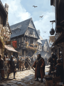 Lively Medieval Market Street Bustling with Townsfolk and Guards Under a Clear Blue Sky DND Digital Painting Wall Art 18 X 24 Inch Poster