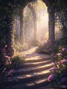 Enchanted Garden Passage with Sunlit Stone Steps and Lush Floral Canopy Beneath Ancient Arched Ruins DND Digital Painting Wall Art 18 X 24 Inch Poster