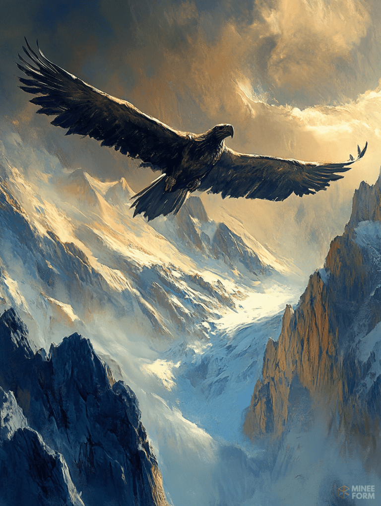 Majestic Eagle Soaring Over Snow-Capped Mountain Peaks at Sunrise DND Digital Painting Wall Art 18 X 24 Inch Poster