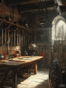 Sunlit Medieval Armory with Swords and Shields Displayed in a Stone Room DND Digital Painting Wall Art 18 X 24 Inch Poster