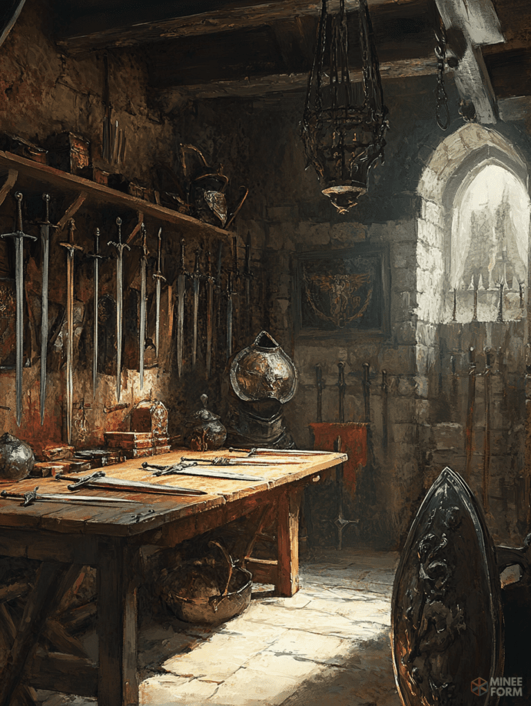 Sunlit Medieval Armory with Swords and Shields Displayed in a Stone Room DND Digital Painting Wall Art 18 X 24 Inch Poster