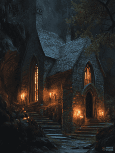 Enchanted Stone Chapel Illuminated by Flickering Torches in a Misty Forest at Twilight DND Digital Painting Wall Art 18 X 24 Inch Poster