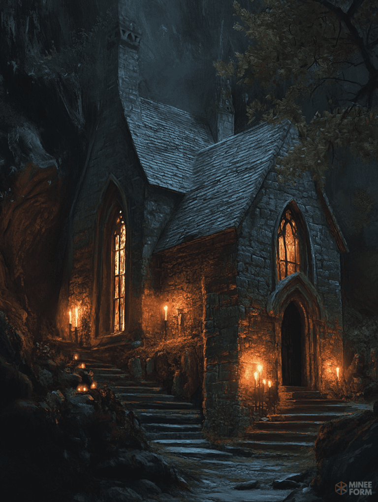 Enchanted Stone Chapel Illuminated by Flickering Torches in a Misty Forest at Twilight DND Digital Painting Wall Art 18 X 24 Inch Poster