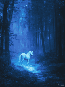 Mystical White Unicorn Illuminated in Ethereal Blue Woodland Path Surrounded by Glowing Fireflies DND Digital Painting Wall Art 18 X 24 Inch Poster