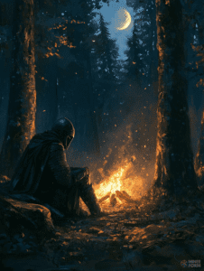 Solitary Knight in Armor Resting by a Flickering Campfire Under a Crescent Moon in a Dense Forest DND Digital Painting Wall Art 18 X 24 Inch Poster