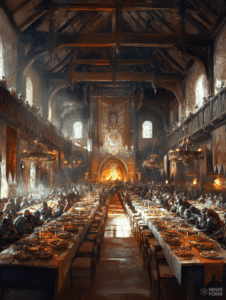 Majestic Medieval Banquet Hall with Knights and Lavish Feast Under Ornate Vaulted Ceilings and Glowing Chandeliers DND Digital Painting Wall Art 18 X 24 Inch Poster