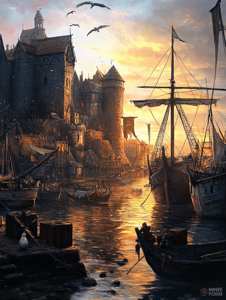 Majestic Sunset Over a Bustling Medieval Harbor Town with Towering Stone Castle and Sailing Ships DND Digital Painting Wall Art 18 X 24 Inch Poster