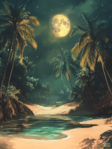 Luminous Full Moon Over a Tranquil Jungle Lagoon Surrounded by Swaying Palm Trees and Glimmering Tropical Foliage DND Digital Painting Wall Art 18 X 24 Inch Poster