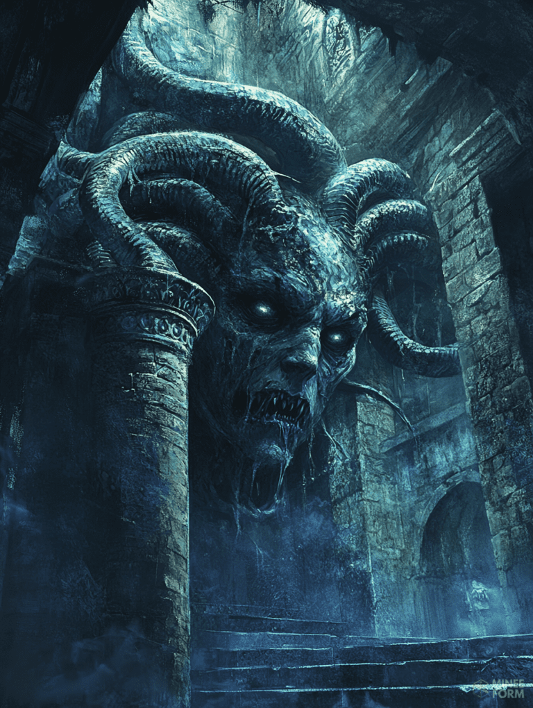 Majestic Ancient Stony Beast with Glowing Eyes Guarding the Mystical Ruins Amidst Mist and Shadows DND Digital Painting Wall Art 18 X 24 Inch Poster