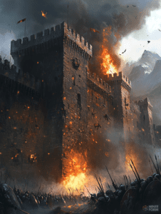 Medieval Siege of a Castle Ablaze Amidst a Stormy Sky as Armored Warriors Advance with Banners Aloft and Swords Ready DND Digital Painting Wall Art 18 X 24 Inch Poster