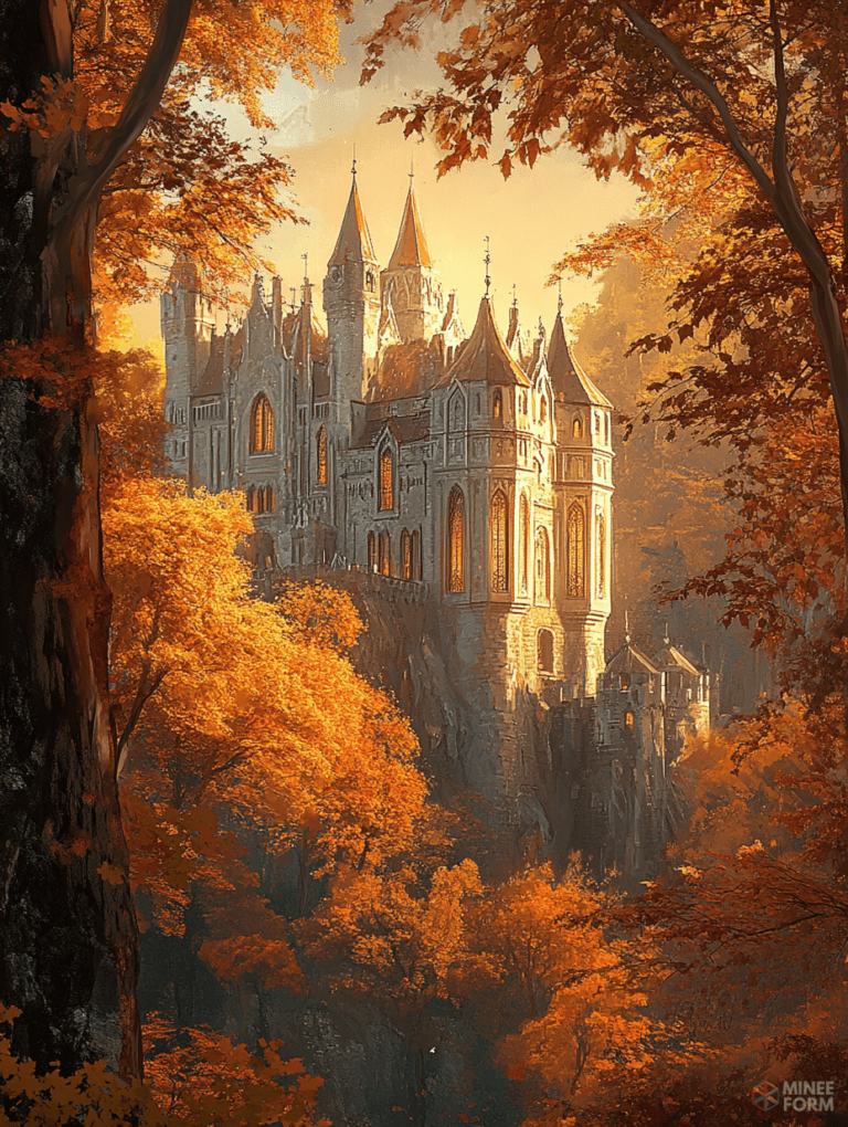 Sunlit Castle Amidst Glowing Autumn Forest on a Rocky Cliffside DND Digital Painting Wall Art 18 X 24 Inch Poster