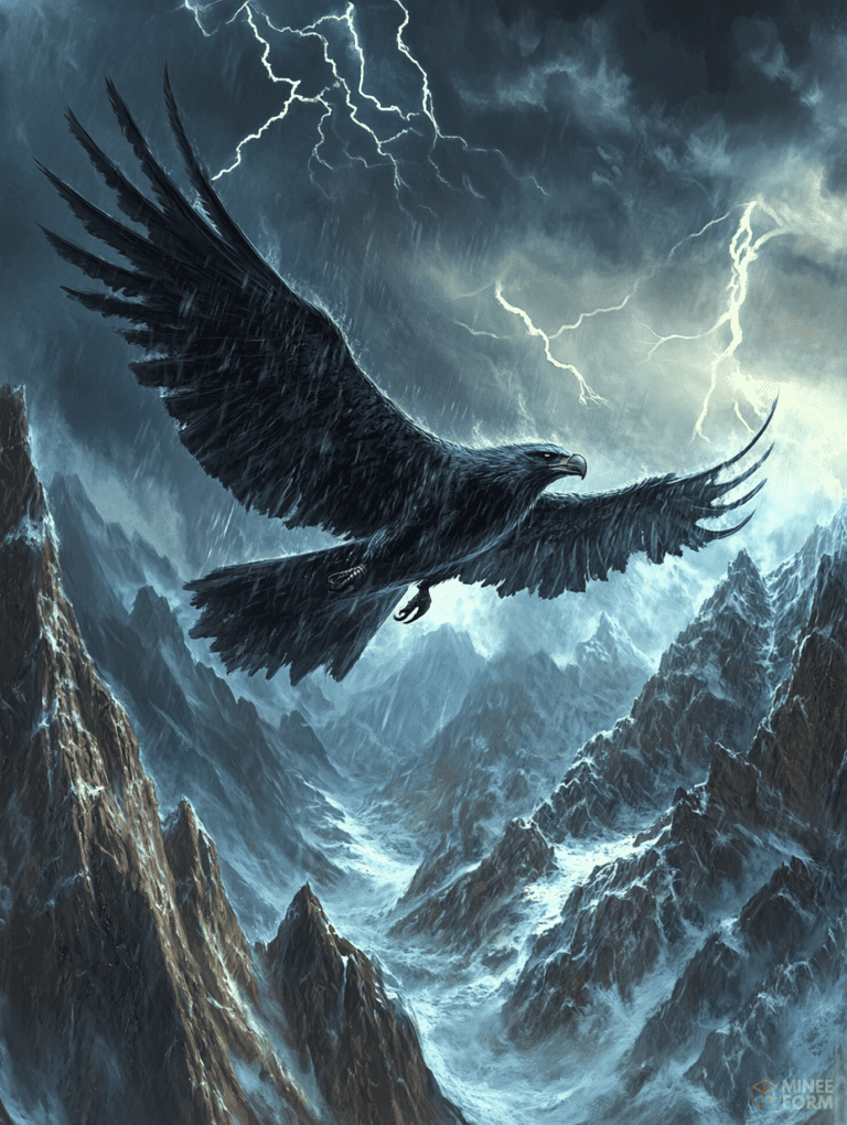 Mighty Eagle Soaring Through Stormy Skies Above Majestic Snowy Mountain Peaks Illuminated by Crashing Lightning DND Digital Painting Wall Art 18 X 24 Inch Poster