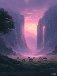 Horses Grazing in a Mystical Valley at Dusk with Majestic Cliffs and Ethereal Violet Skies DND Digital Painting Wall Art 18 X 24 Inch Poster