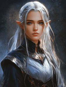 Ethereal Elven Princess with Long Silver Hair and Enchanting Blue Eyes Draped in Ornate Midnight Robes Adorned with Silver Embroidery and Elegant Jewelry Against a Mystical Backdrop DND Digital Painting Wall Art 18 X 24 Inch Poster