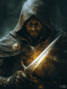 Hooded Warrior with Piercing Glowing Eyes and an Ornate Sword in a Dark Mystic Setting DND Digital Painting Wall Art 18 X 24 Inch Poster