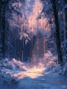 Enchanted Winter Forest Bathed in Magical Twilight Glows and Soft Snowy Landscape Illuminated by Celestial Moonlight DND Digital Painting Wall Art 18 X 24 Inch Poster