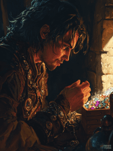 Roguish Treasure Hunter Examining a Chest of Colorful Gemstones in a Dimly Lit Stone Chamber DND Digital Painting Wall Art 18 X 24 Inch Poster