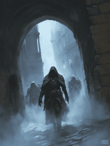 Hooded Figures Emerging from Misty Archway in Shadowy Medieval Alley DND Digital Painting Wall Art 18 X 24 Inch Poster