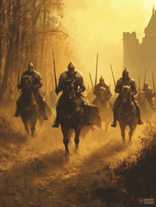 Gallant Knights on Horseback Charging through a Sunlit Autumn Forest with a Distant Castle Silhouette DND Digital Painting Wall Art 18 X 24 Inch Poster