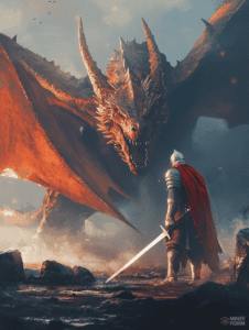 Valiant Knight Confronts Majestic Fiery Dragon in Battle of Myth and Legend DND Digital Painting Wall Art 18 X 24 Inch Poster