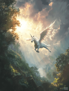 Majestic Winged Unicorn Soaring Through Sunlit Clouds in a Lush Enchanted Forest DND Digital Painting Wall Art 18 X 24 Inch Poster