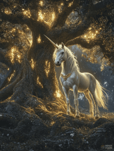 Majestic Unicorn Standing Beneath the Glowing Enchanted Tree with Twinkling Golden Leaves in a Mystical Forest Setting DND Digital Painting Wall Art 18 X 24 Inch Poster