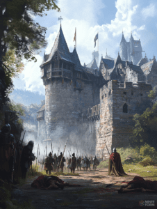 Majestic Medieval Castle Looming Over Victorious Soldiers Returning from Battle in Sunlit Misty Forest Setting DND Digital Painting Wall Art 18 X 24 Inch Poster