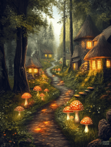 Enchanted Forest Pathway Lined with Glowing Mushrooms Leading to Cozy Thatched Stone Cottages Illuminated by Warm Candlelight DND Digital Painting Wall Art 18 X 24 Inch Poster