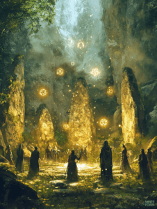 Mystical Conclave of Enchanted Sorcerers in a Sunlit Forest Grove with Levitation of Glowing Runes and Standing Stone Monoliths DND Digital Painting Wall Art 18 X 24 Inch Poster