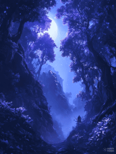 Enchanted Forest Path Illuminated by the Mysterious Glow of a Full Moon with a Lone Traveler Exploring the Twilight Landscape DND Digital Painting Wall Art 18 X 24 Inch Poster