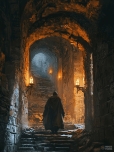 Mysterious Cloaked Figure Ascending Dimly Lit Stone Staircase in an Ancient Underground Tunnel Lined with Flickering Wall Torches DND Digital Painting Wall Art 18 X 24 Inch Poster