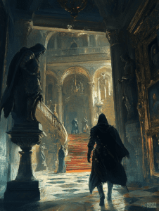 The Shadowy Figure of a Cloaked Stranger Ascending a Grand Red Carpet Staircase in a Majestic Gilded Hall Illuminated by Soft Golden Light with Intricately Carved Stone Statues and Elegant Chandeliers Adorning the Ornate Architecture DND Digital Painting Wall Art 18 X 24 Inch Poster