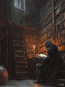 Hooded Figure in a Dimly Lit Medieval Library Immersed in Ancient Book by Candlelight DND Digital Painting Wall Art 18 X 24 Inch Poster